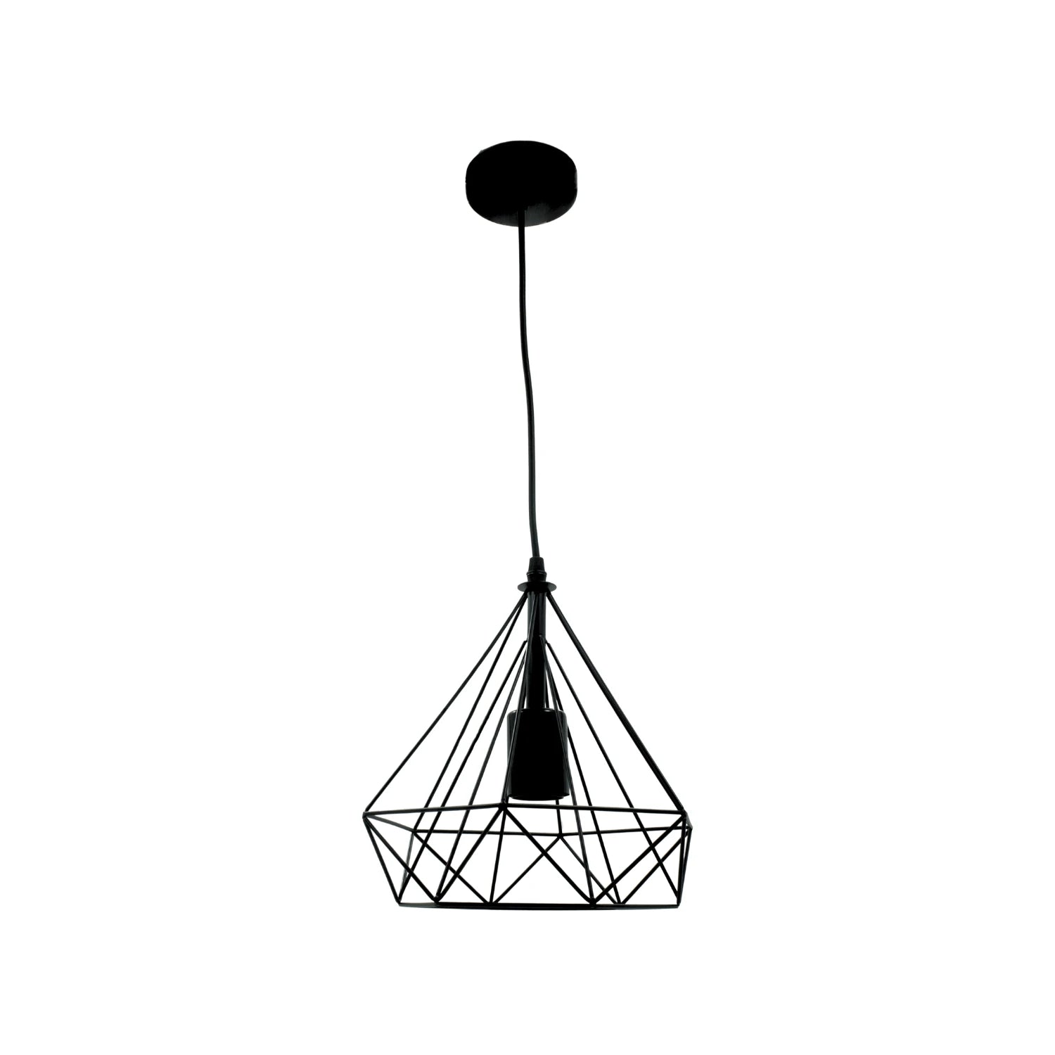 Candil colgante de metal negro con estructura geométrica de jaula, ideal para iluminación decorativa moderna.