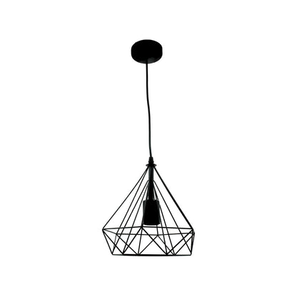 Candil colgante de metal negro con estructura geométrica de jaula, ideal para iluminación decorativa moderna.