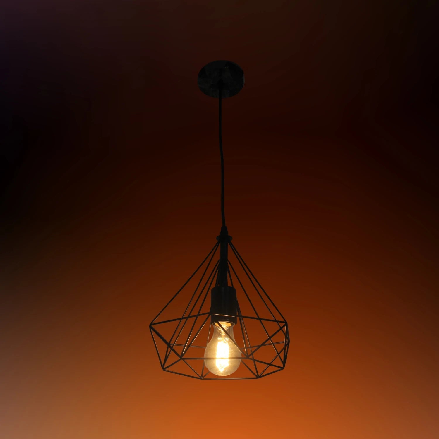 Candil colgante geométrico negro, jaula de metal estilo industrial con foco Edison, iluminación decorativa