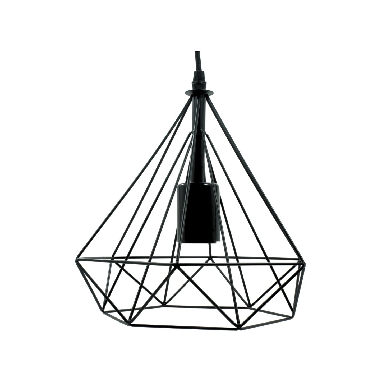 Candil colgante de techo negro, estructura de jaula geométrica, metal, diseño moderno para interior.