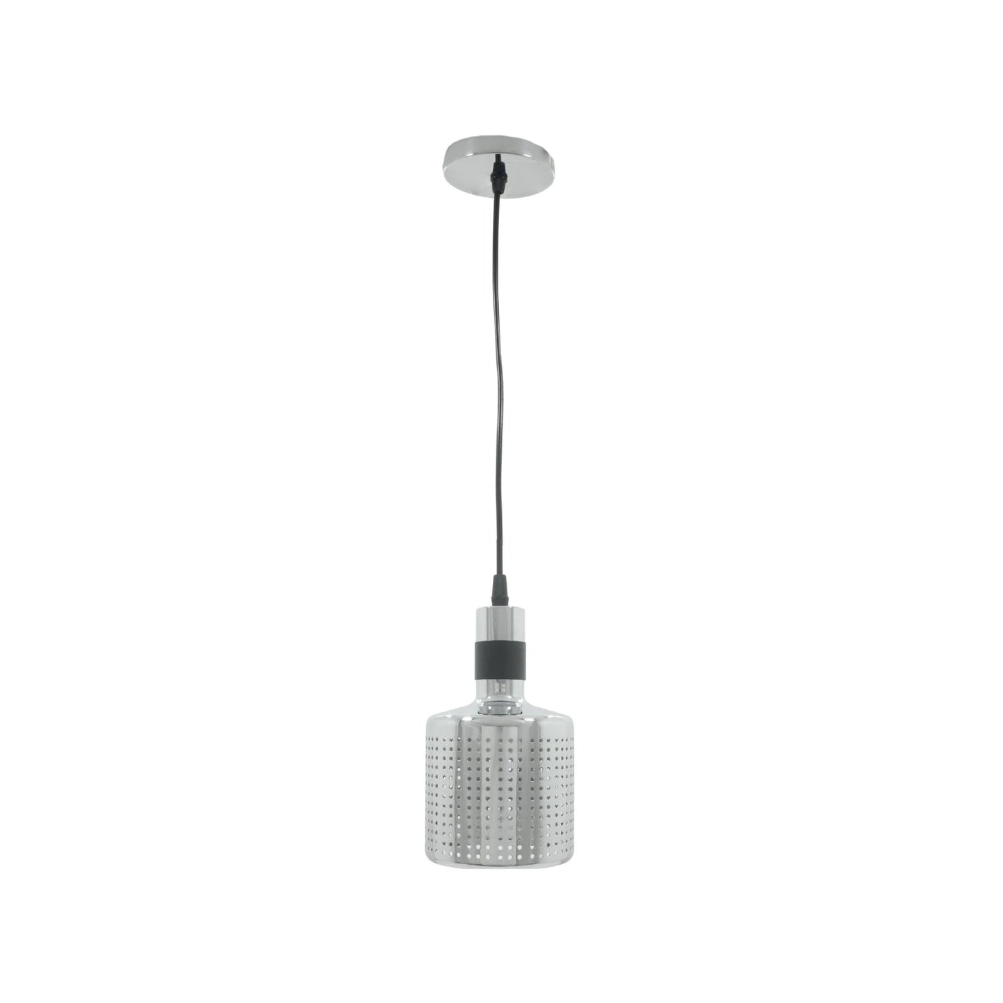 Candil colgante cromado con pantalla metálica perforada, ideal para iluminación decorativa moderna