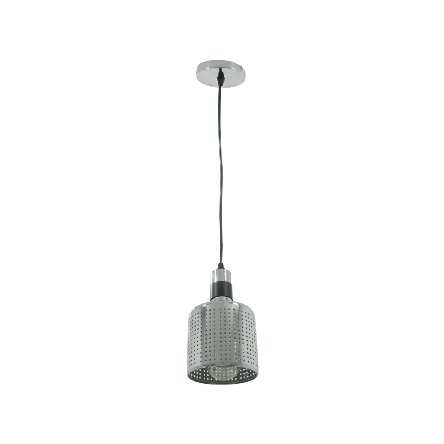 Candil colgante cromado con pantalla metálica perforada, diseño moderno para iluminación interior