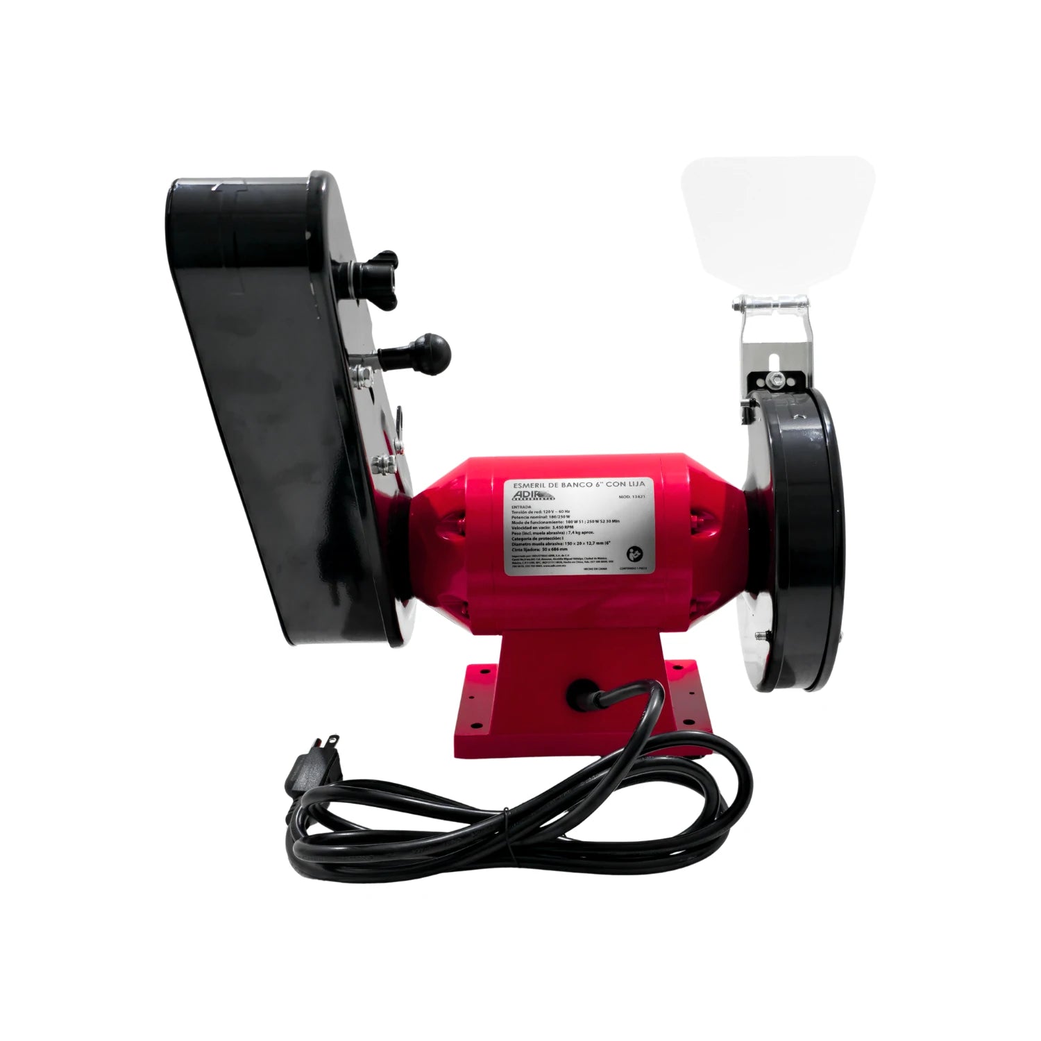 Esmeril de banco rojo Adir 6 pulgadas con lijadora de banda para taller y ferretería
