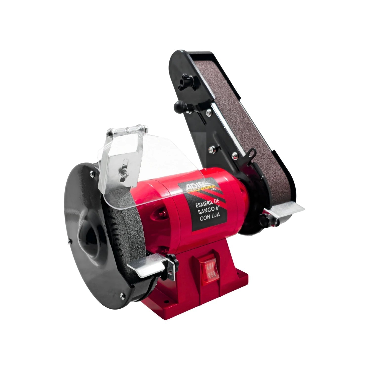 Esmeril de banco Adir 6" rojo con lijadora de banda para desbaste, pulido y afilado de herramientas.