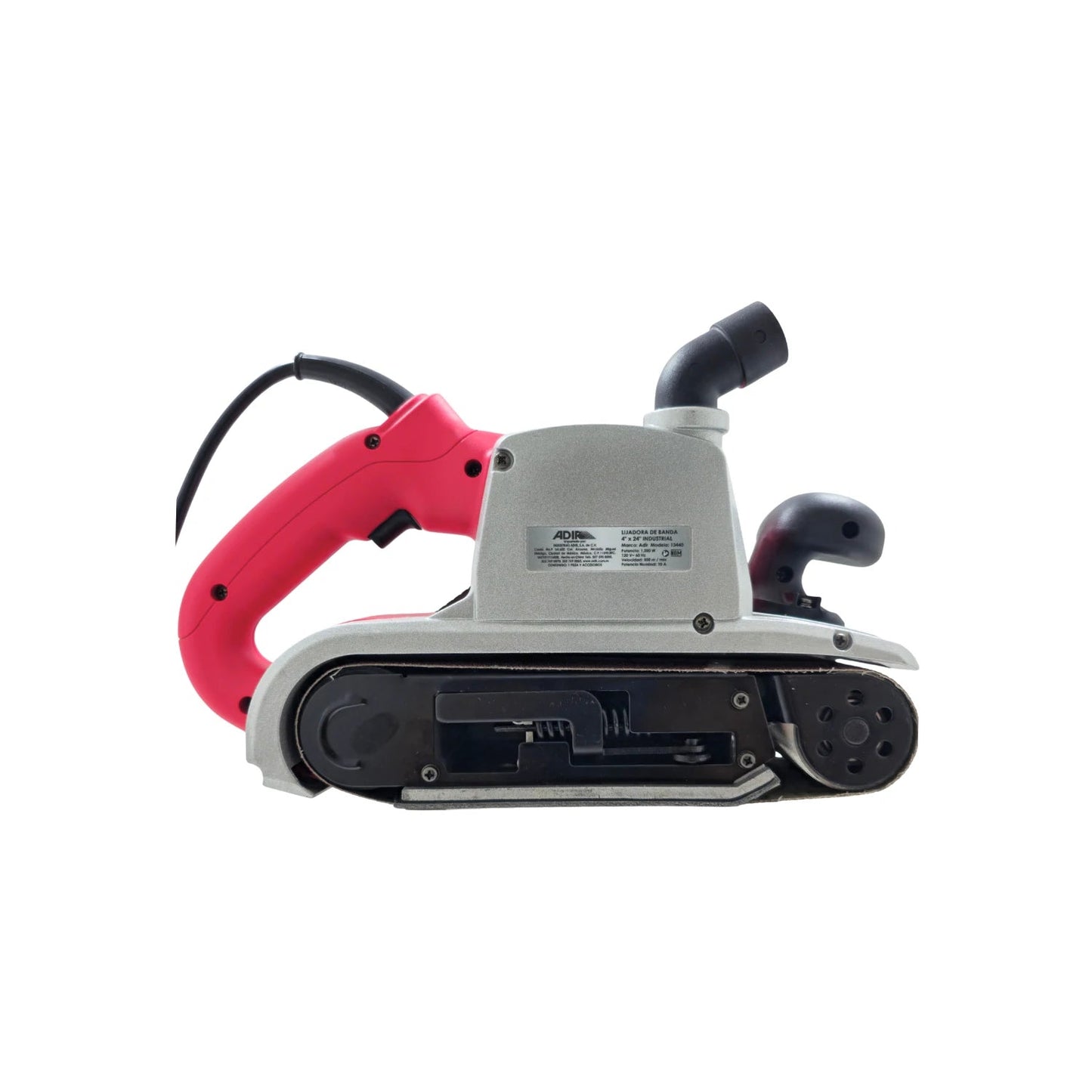 Lijadora de banda Adir 1200W 4x24 industrial, cuerpo gris, mango rojo, con puerto para polvo