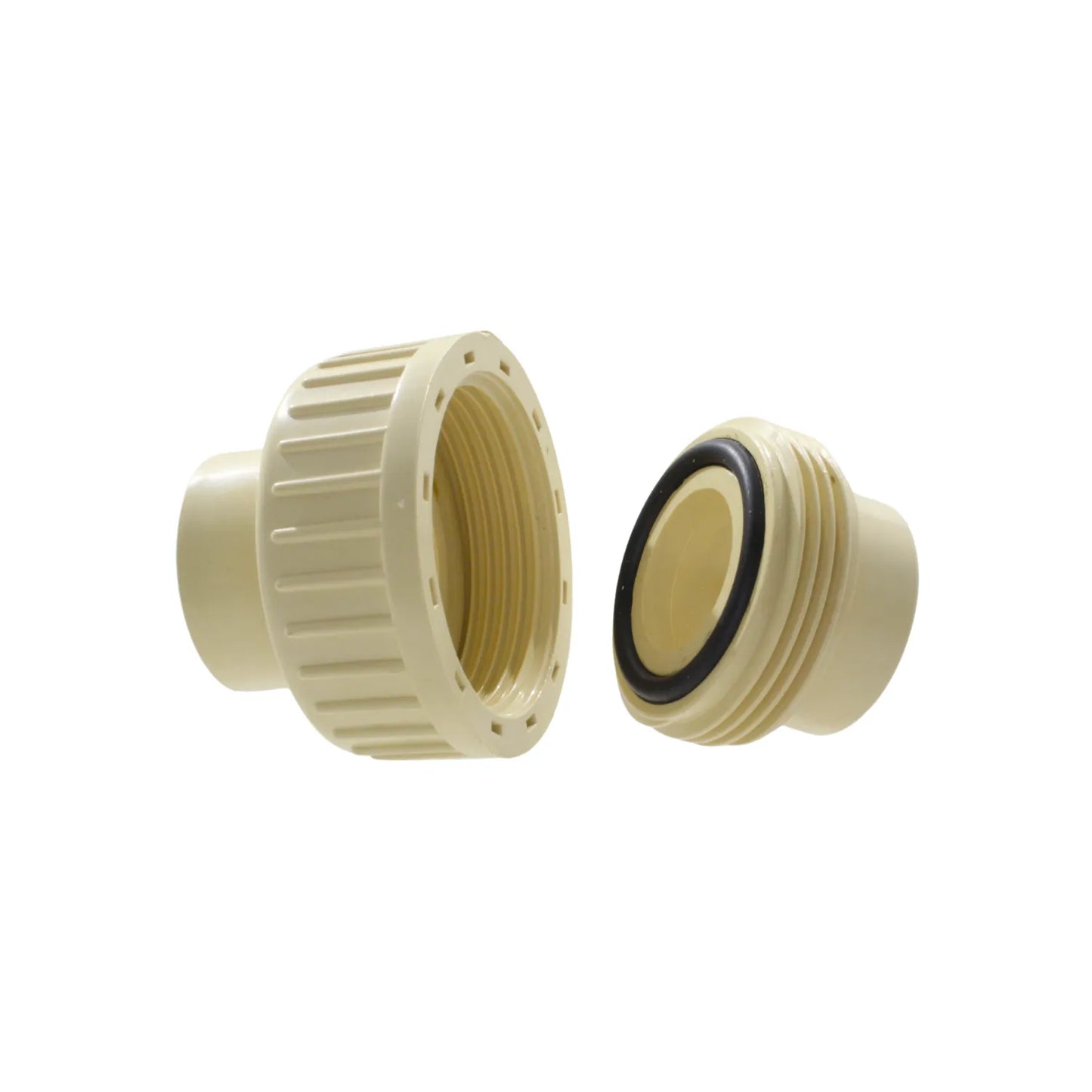 Tuerca unión CPVC 1 pulgada color crema para conexiones hidráulicas, con tuerca, rosca y o-ring desmontados.