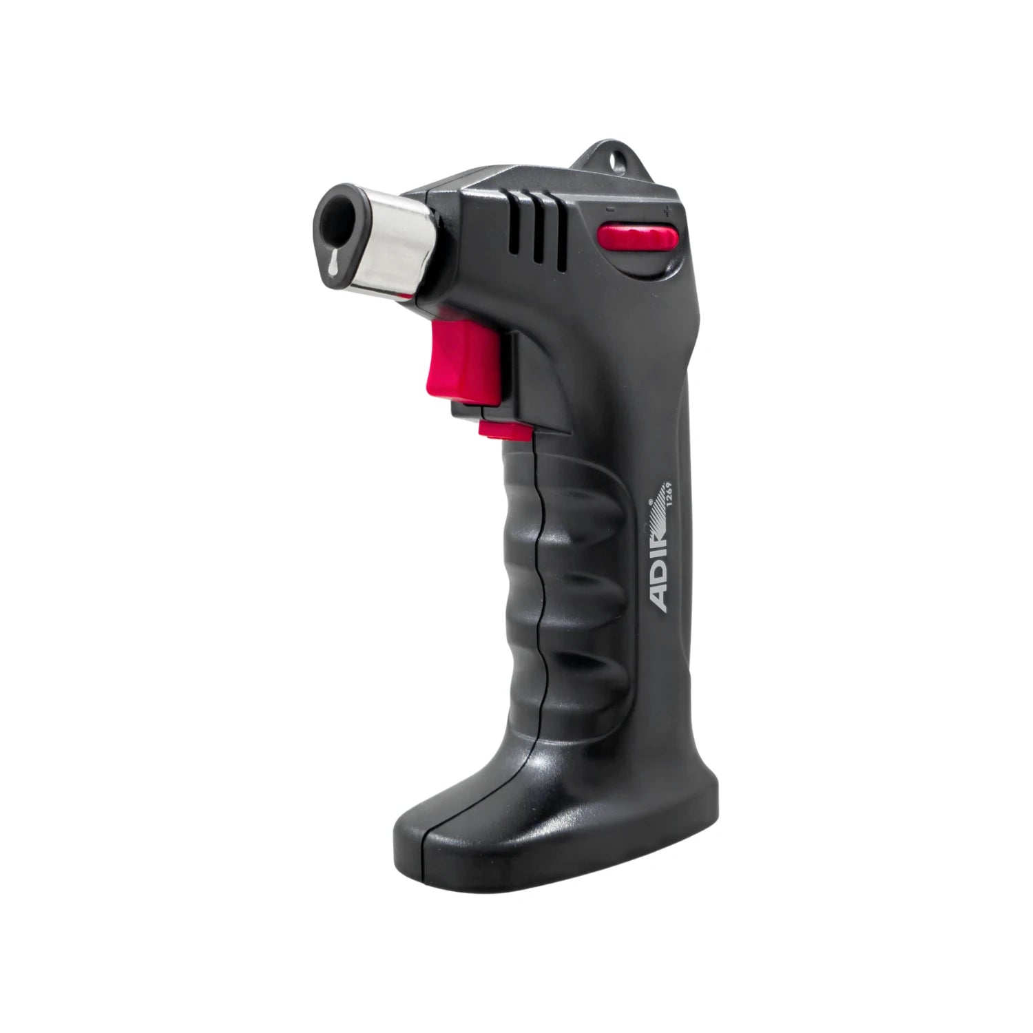 Soplete electrónico Adir 1269, diseño ergonómico negro con gatillo rojo, ideal para soldadura, cocina y manualidades.
