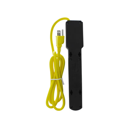Regleta eléctrica negra con cable de extensión amarillo y orificios para montaje en pared.