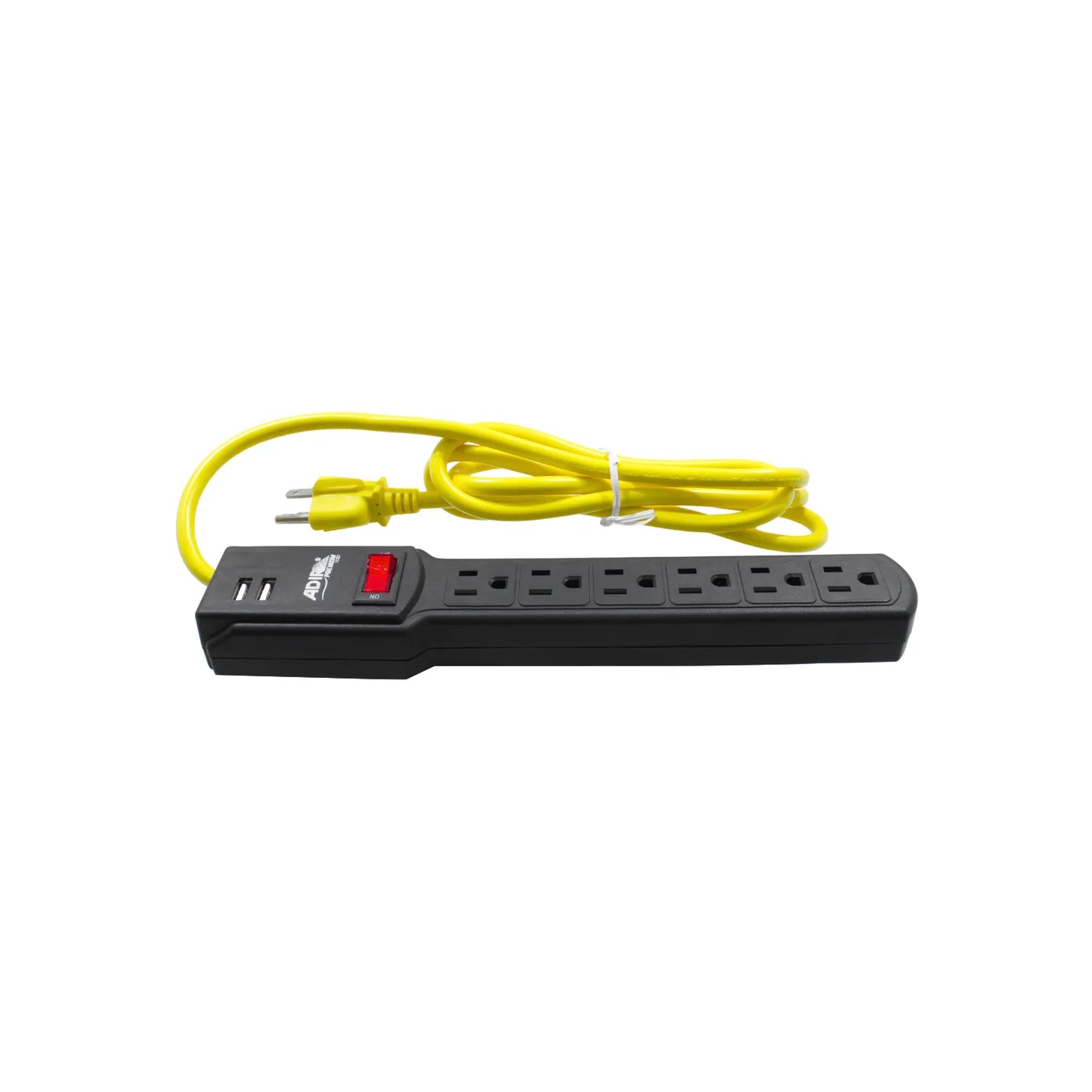 Multicontacto ADIR de 6 tomas y 2 puertos USB con cable amarillo de uso rudo y switch de seguridad