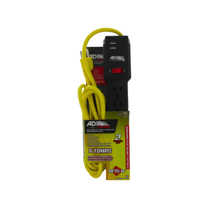 Multicontacto con supresor de picos Adir Premium, 6 tomas, 2 puertos USB y cable amarillo de 1.8m 1875W