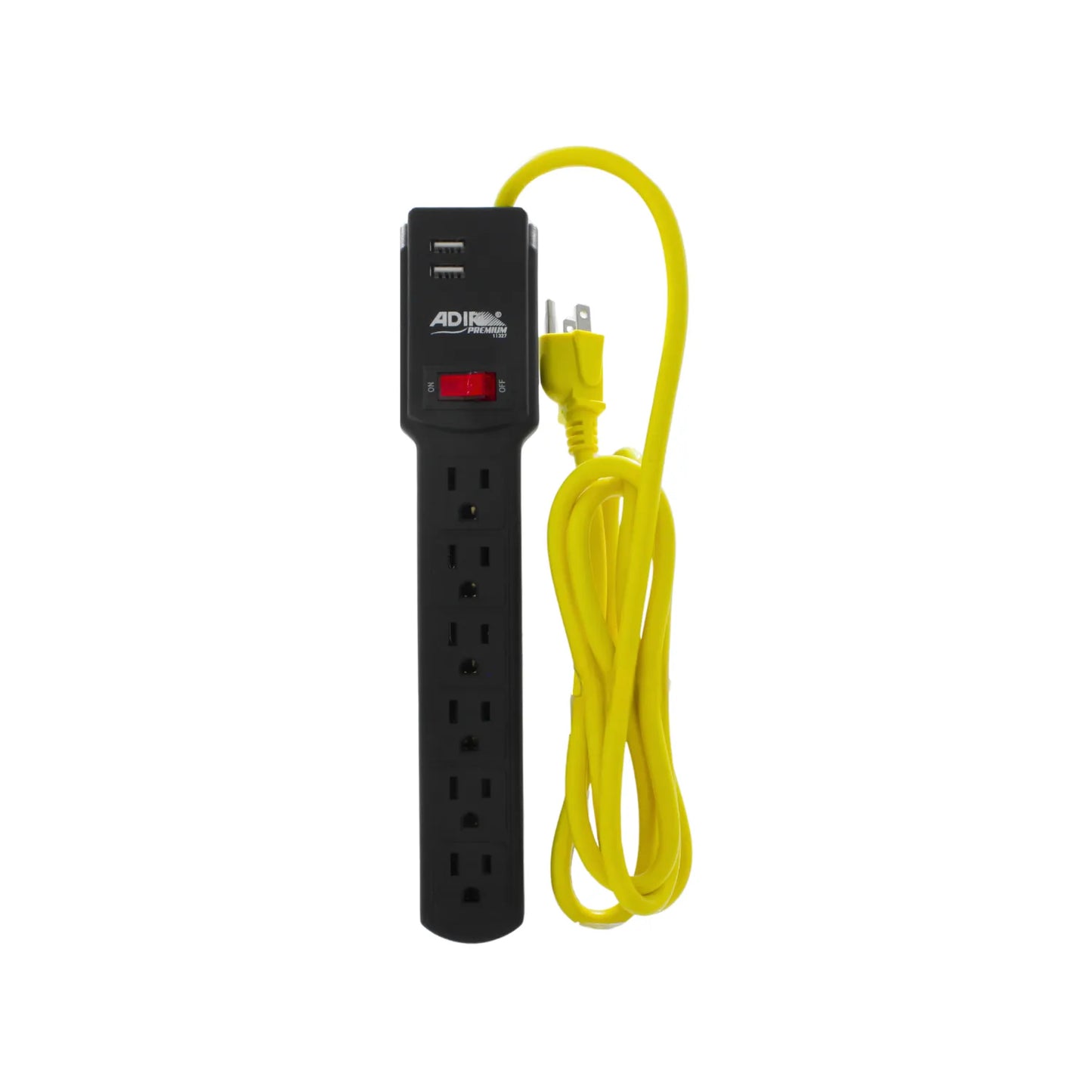 Multicontacto Adir Premium de 6 salidas, 2 puertos USB y cable amarillo de alta visibilidad para uso rudo.