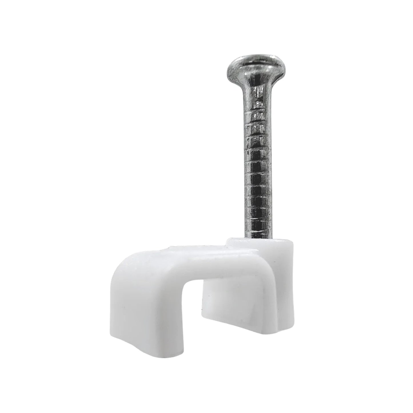 Grapa recta 6mm con clavo de acero, blanca, para fijar y organizar cables eléctricos