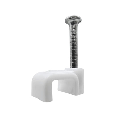 Grapa recta 6mm con clavo de acero, blanca, para fijar y organizar cables eléctricos