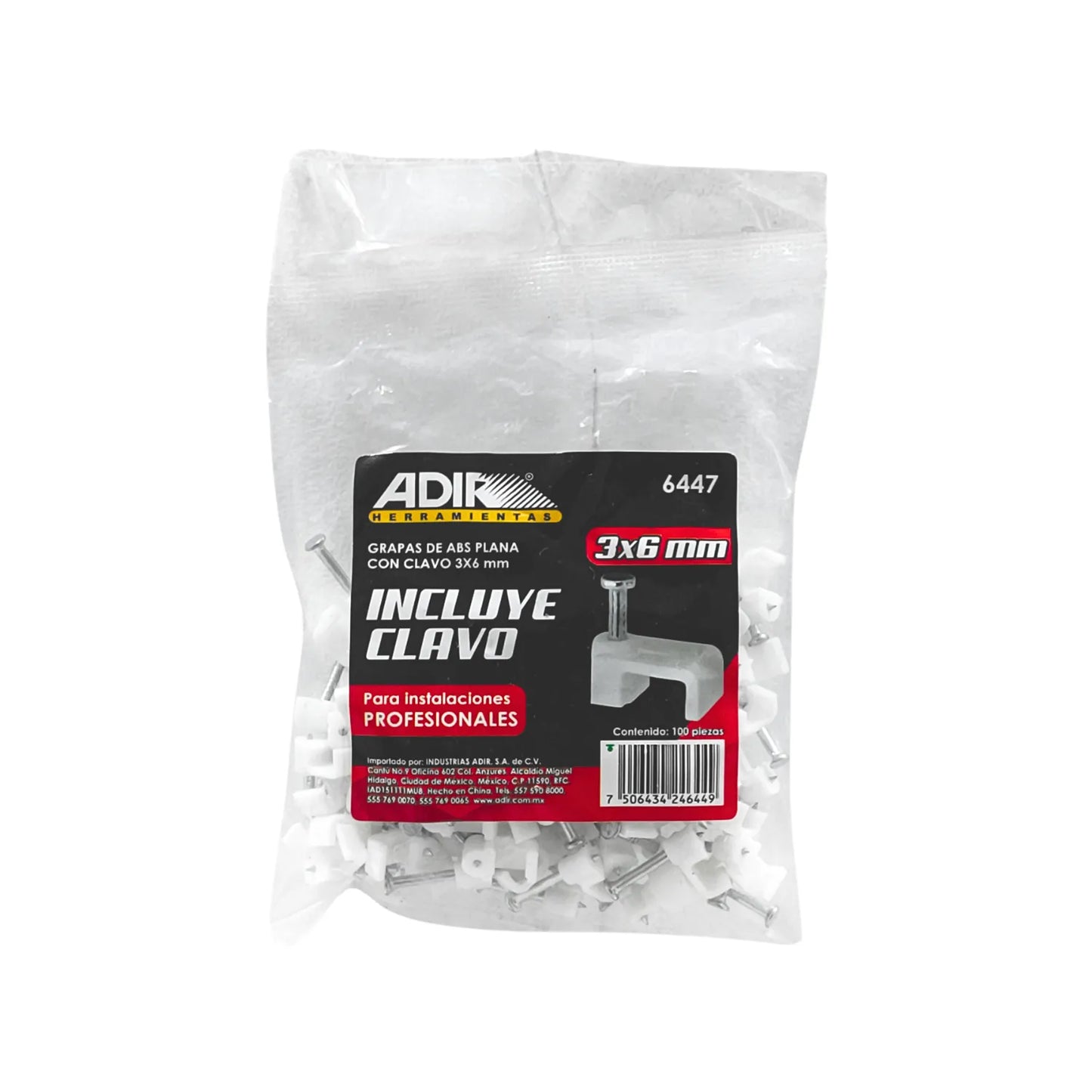 Grapas planas para cable Adir blancas con clavo 3x6mm, bolsa de 100 piezas para instalaciones profesionales.