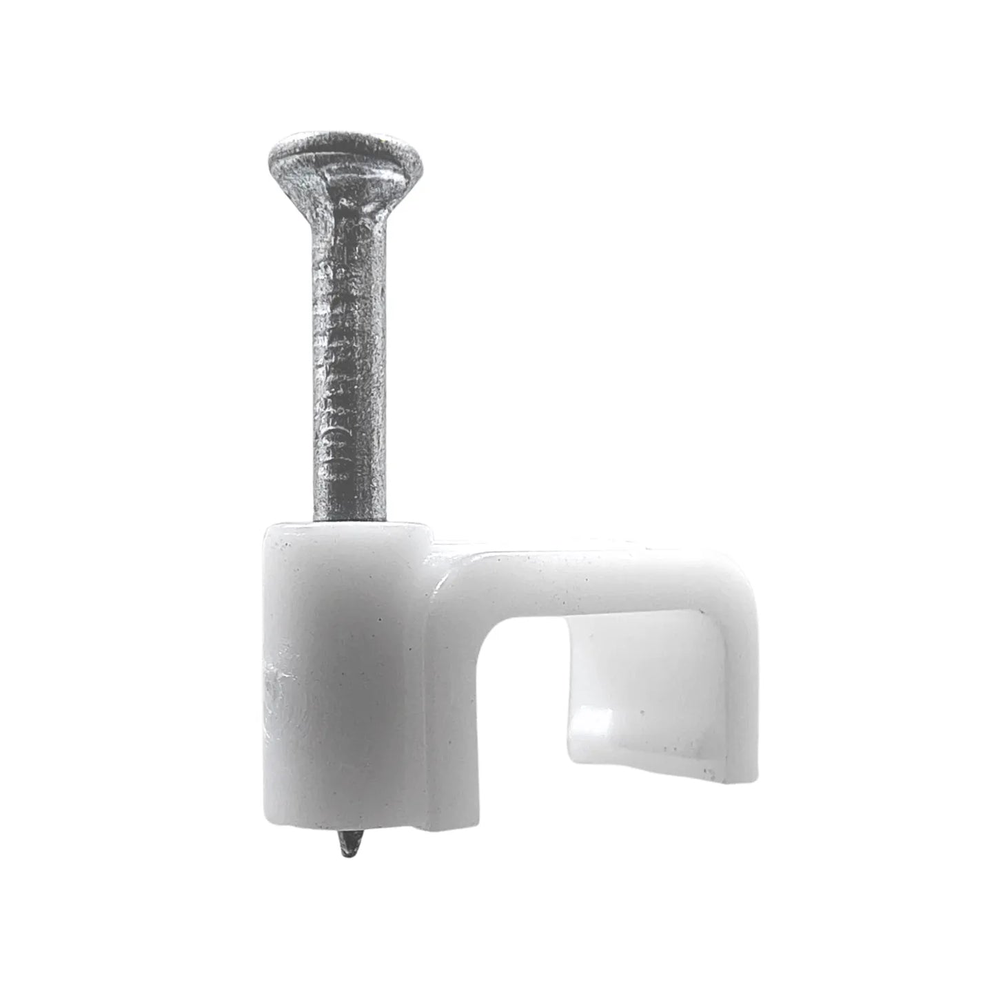 Grapa para cable plástica blanca con clavo de acero, sujetacables para fijación eléctrica.