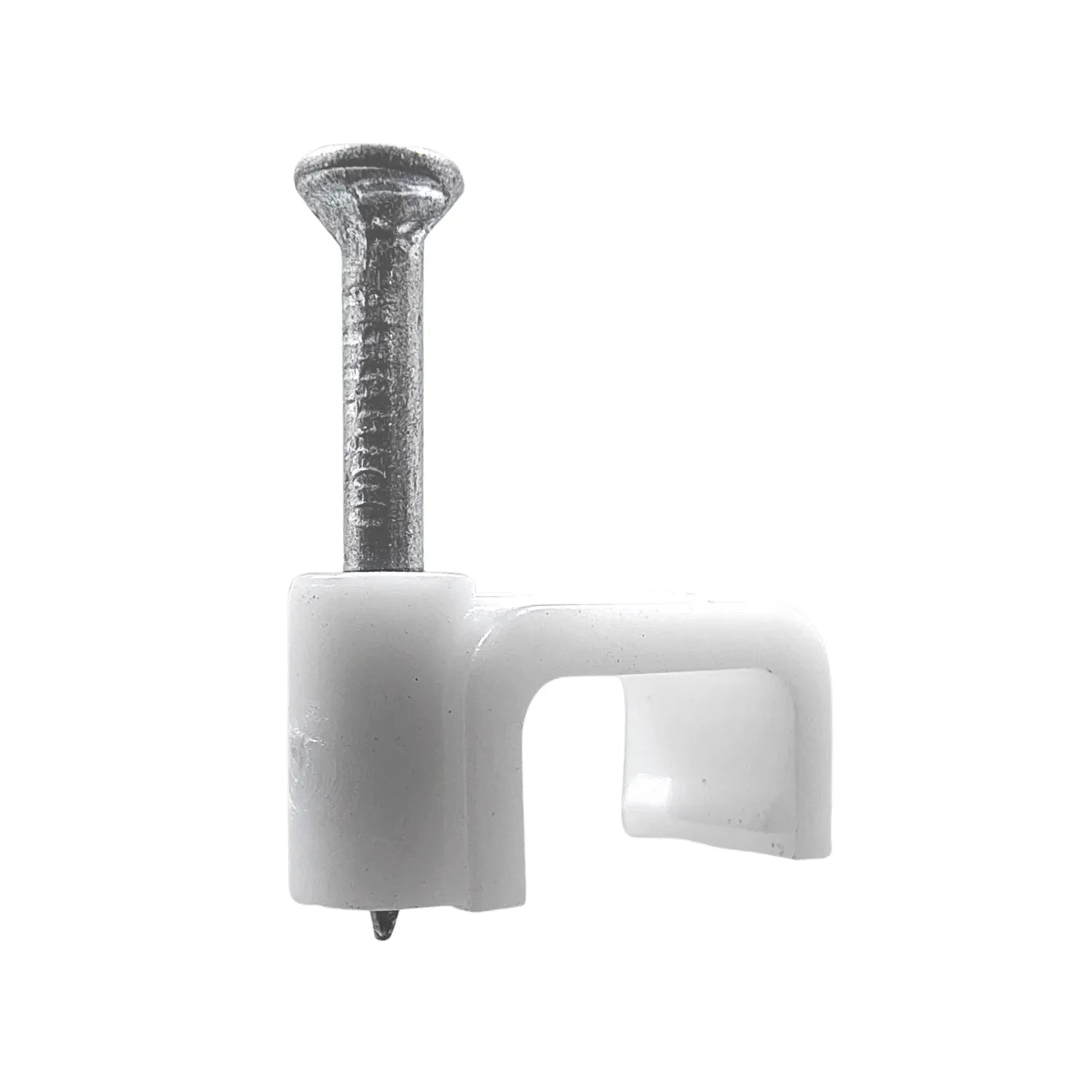 Grapa para cable plástica blanca con clavo de acero, sujetacables para fijación eléctrica.