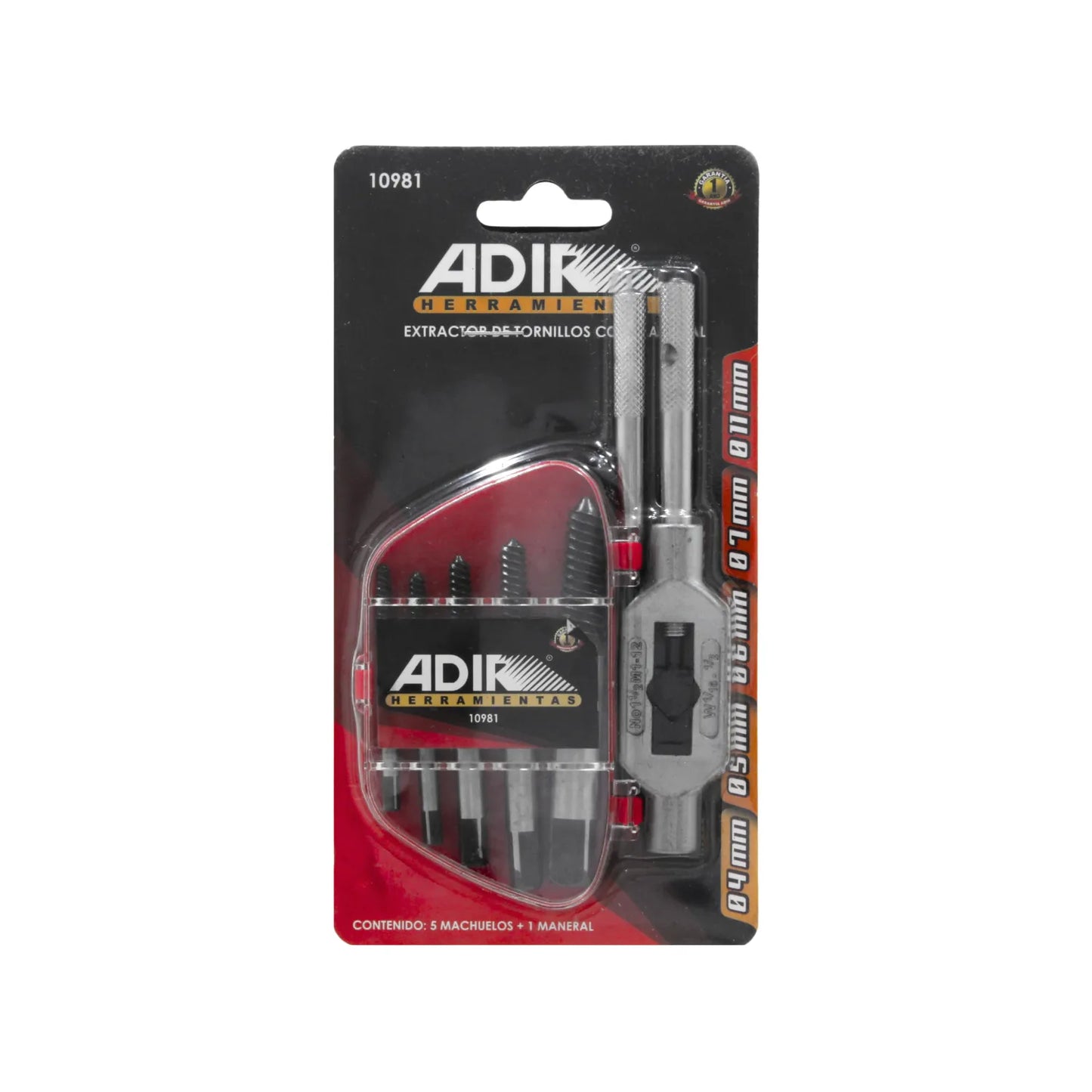 Juego extractor de tornillos Adir de 6 piezas: 5 machuelos y 1 maneral para remover tornillos rotos