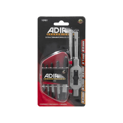 Juego extractor de tornillos Adir de 6 piezas: 5 machuelos y 1 maneral para remover tornillos rotos