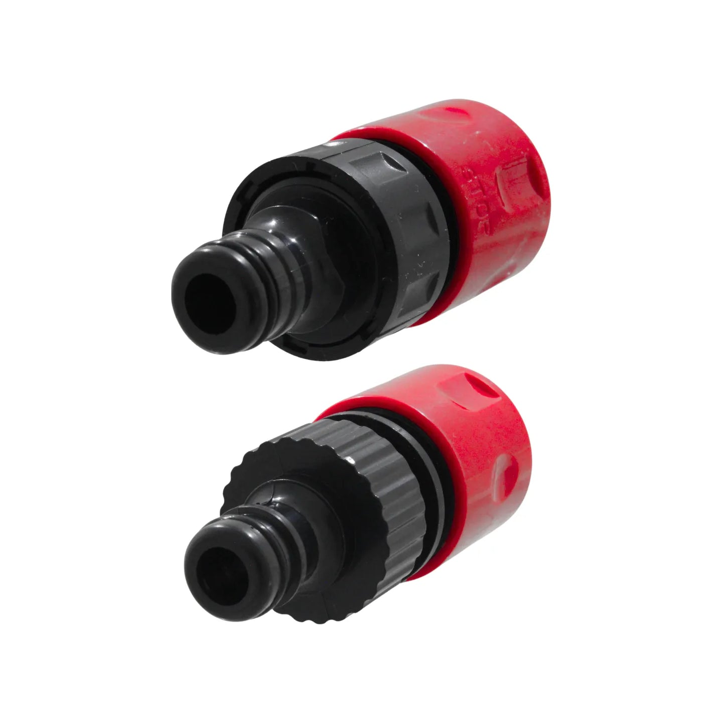 Conectores rápidos de manguera para jardín, rojos y negros, con AquaStop y estándar para riego.