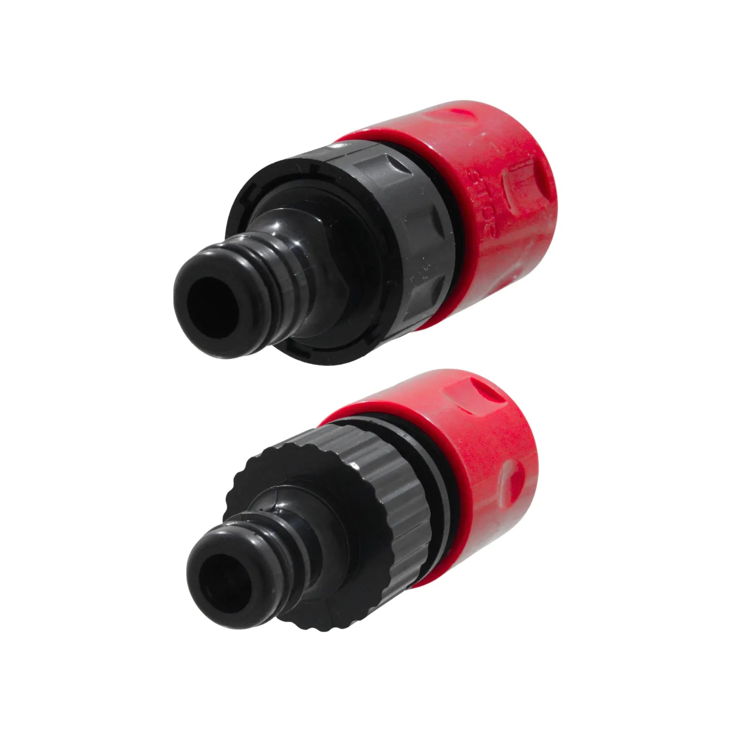 Conectores rápidos de manguera para jardín, rojos y negros, con AquaStop y estándar para riego.