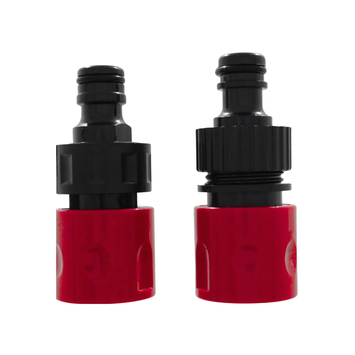 Set de conectores rápidos para manguera de jardín, plástico resistente negro y rojo, ideal para riego.