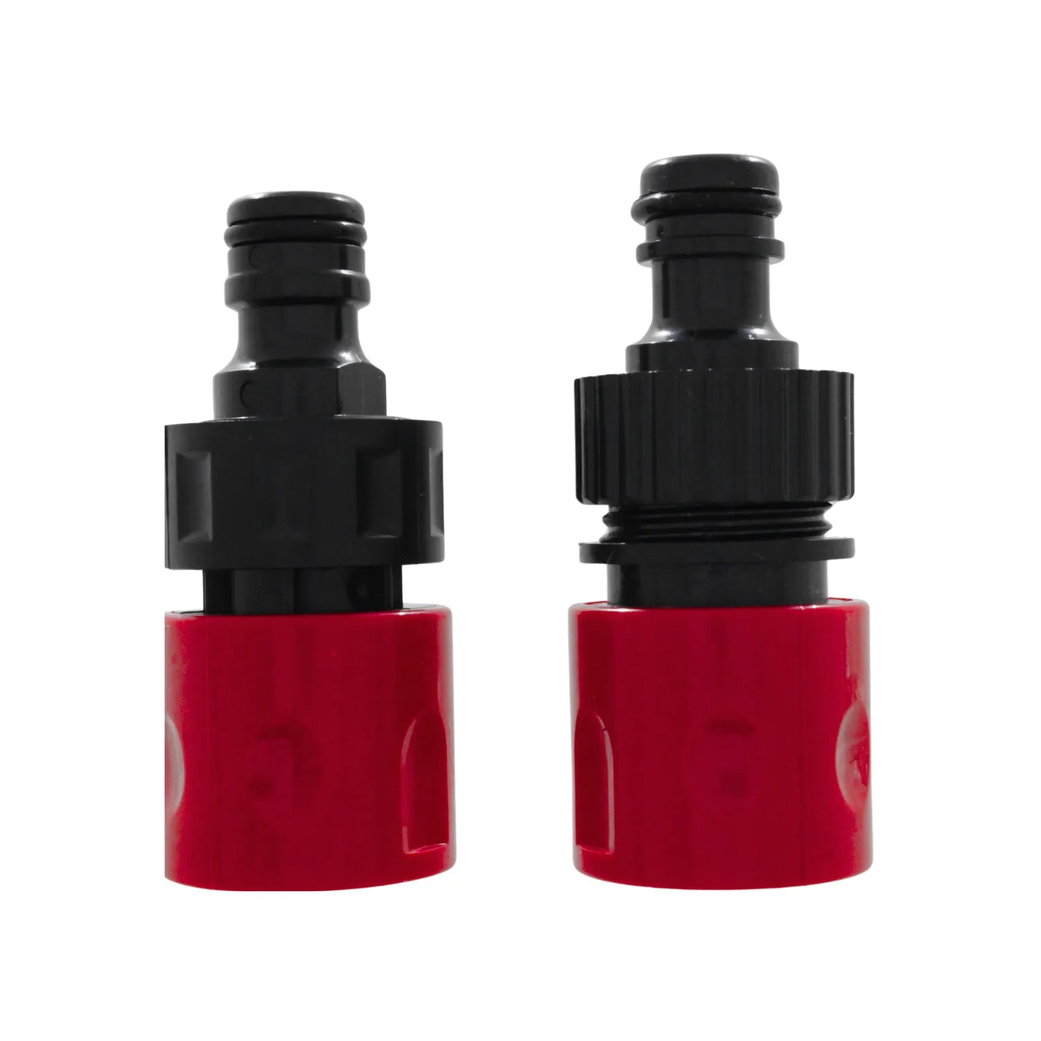 Set de conectores rápidos para manguera de jardín, plástico resistente negro y rojo, ideal para riego.