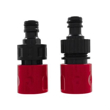 Set de conectores rápidos para manguera de jardín, plástico resistente negro y rojo, ideal para riego.