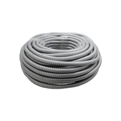 Rollo de tubo corrugado flexible gris para protección de cables eléctricos en instalaciones de ferretería.