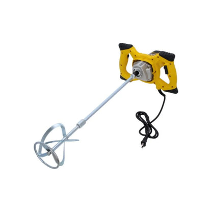 Mezclador eléctrico amarillo con paleta para mortero, pintura y adhesivos de construcción
