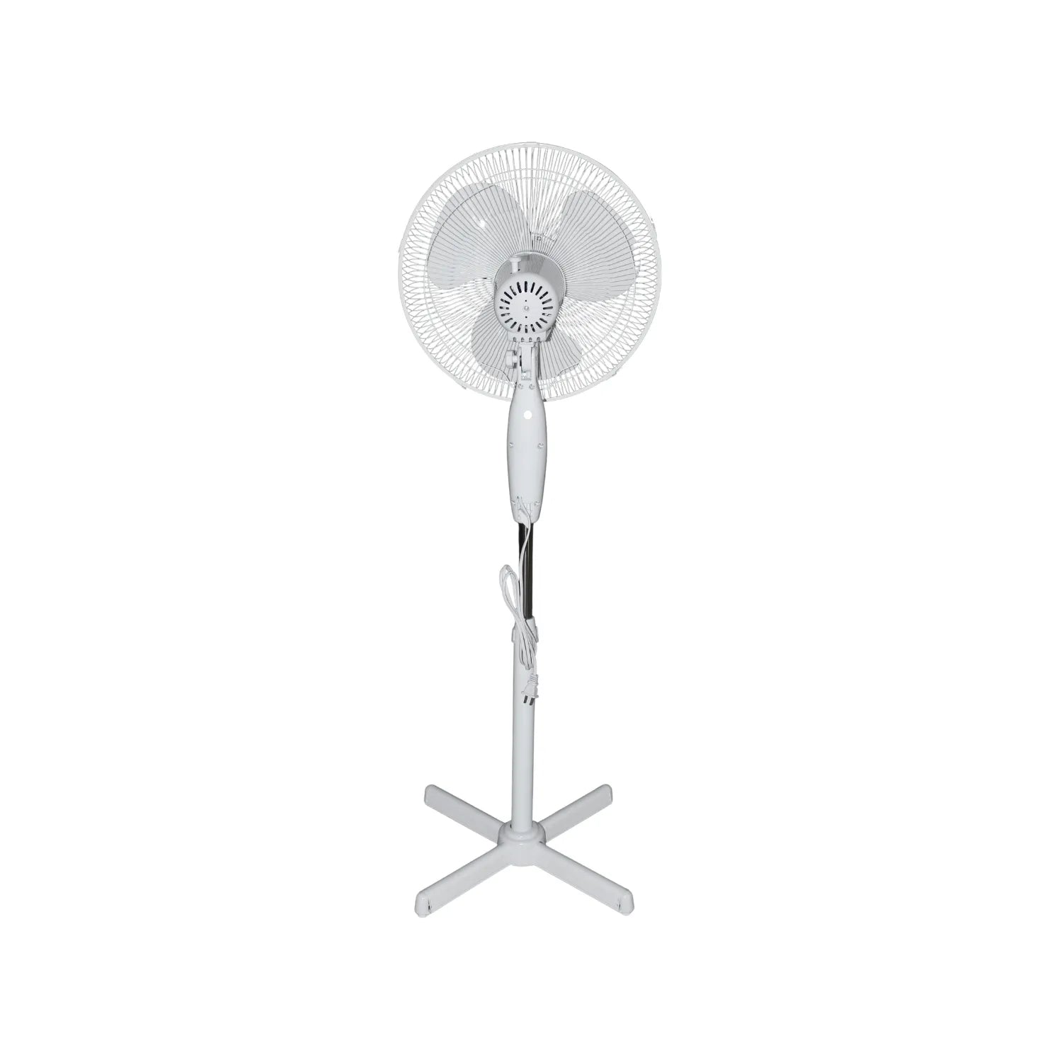 Ventilador de pedestal blanco con base en cruz de 3 aspas para circulación de aire en interiores