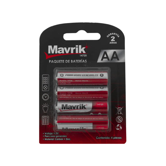 Baterías Mavrik AA 1.5V paquete de 4 piezas de carbón y zinc para usos generales y dispositivos electrónicos.