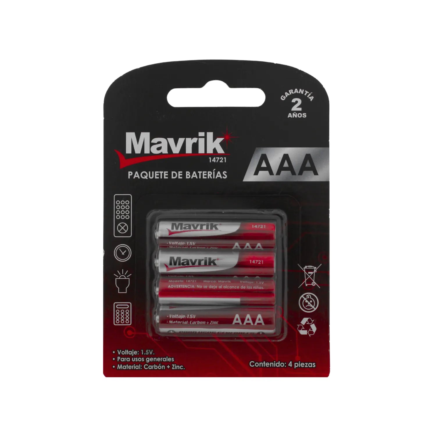 Paquete de 4 baterías AAA Mavrik de 1.5V de carbón zinc para uso general en el hogar