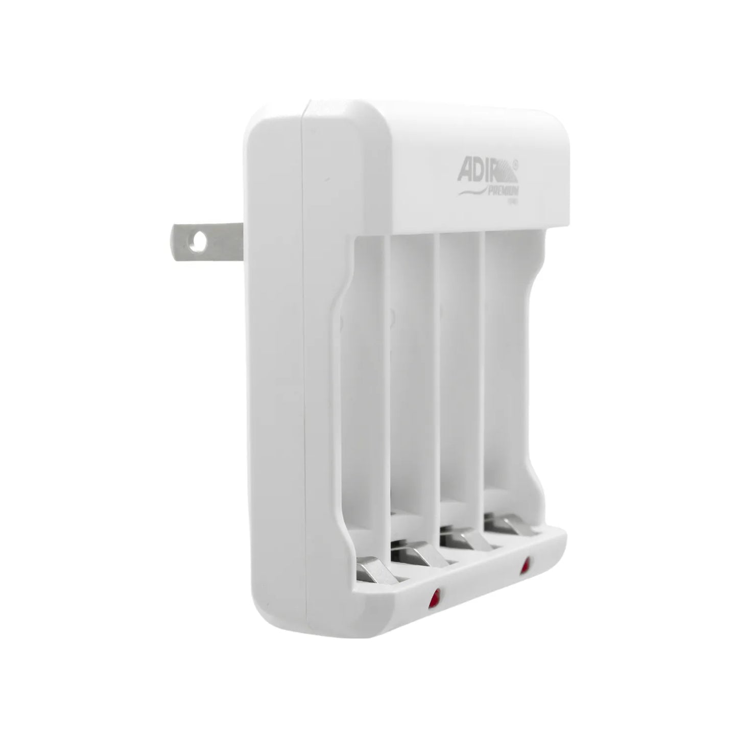 Cargador de pilas recargables Adir Premium blanco con 4 bahías y clavija integrada para baterías AA y AAA.