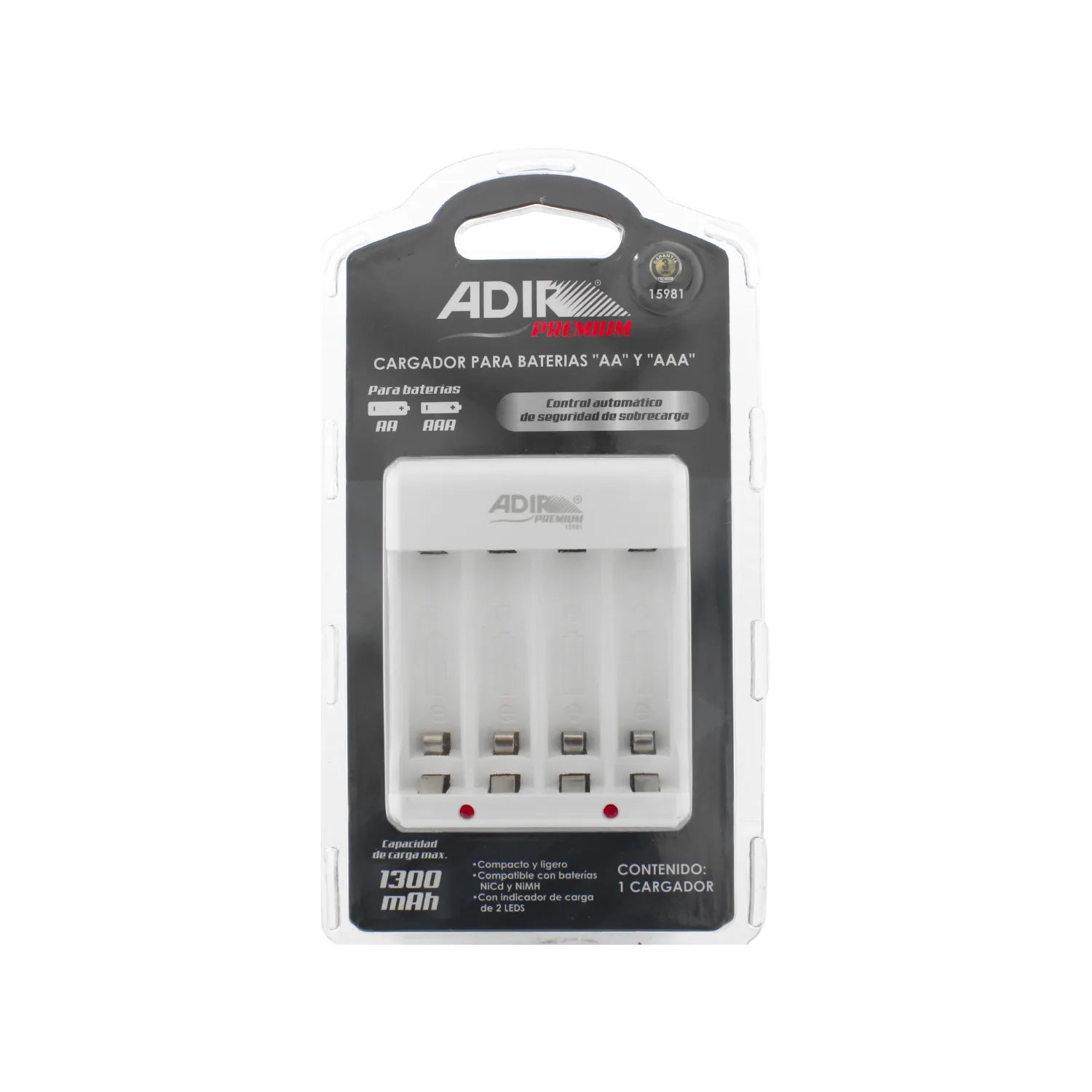 Cargador de baterías ADIR Premium para pilas AA y AAA, compatible con NiCd y NiMH, 1300 mAh con 2 indicadores LED.