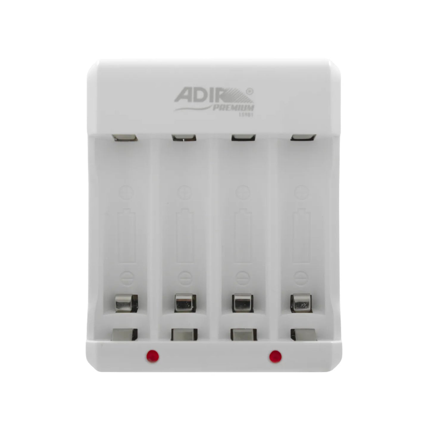 Cargador de baterías recargables AA y AAA Adir Premium blanco con 4 ranuras y luces indicadoras de carga.