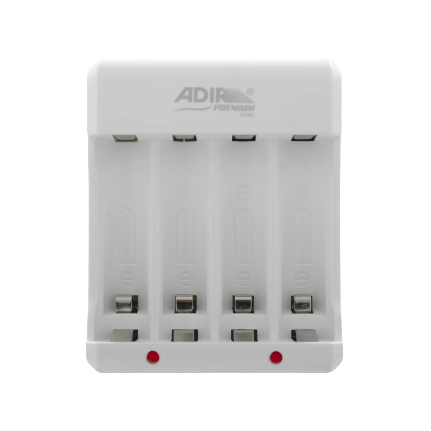 Cargador de baterías recargables AA y AAA Adir Premium blanco con 4 ranuras y luces indicadoras de carga.