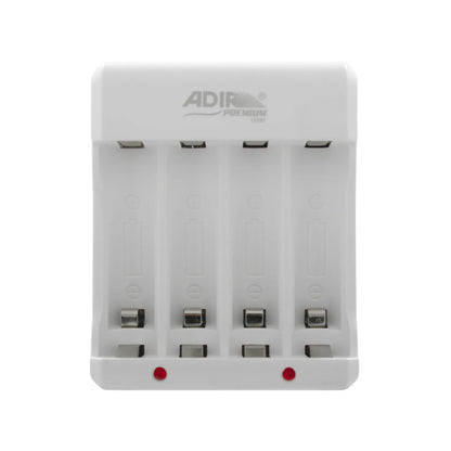 Cargador de baterías recargables AA y AAA Adir Premium blanco con 4 ranuras y luces indicadoras de carga.