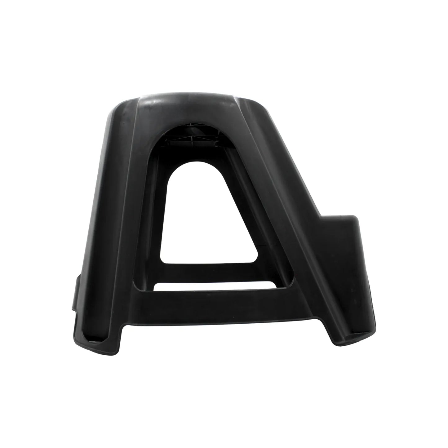 Taburete de plástico negro reforzado con diseño industrial para taller y hogar.