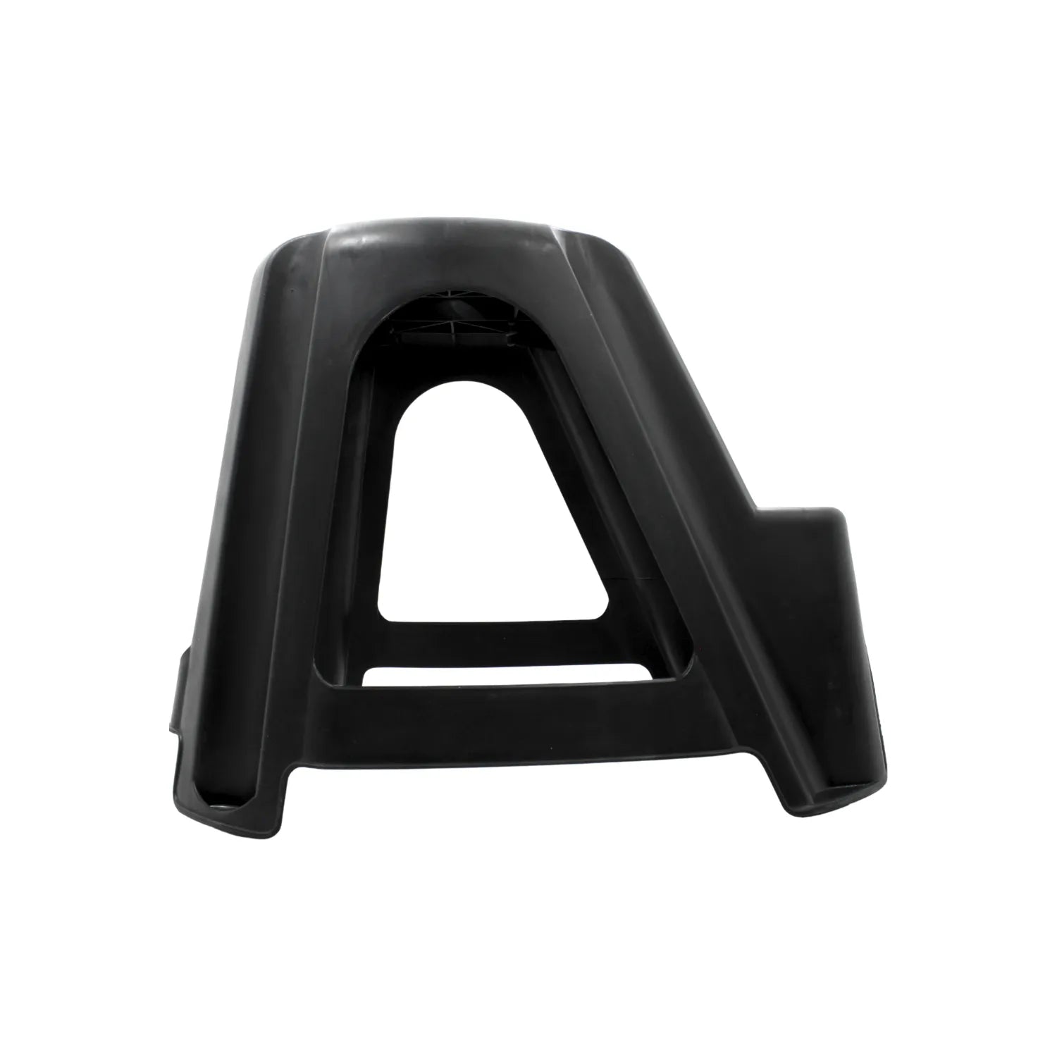Taburete de plástico negro reforzado con diseño industrial para taller y hogar.