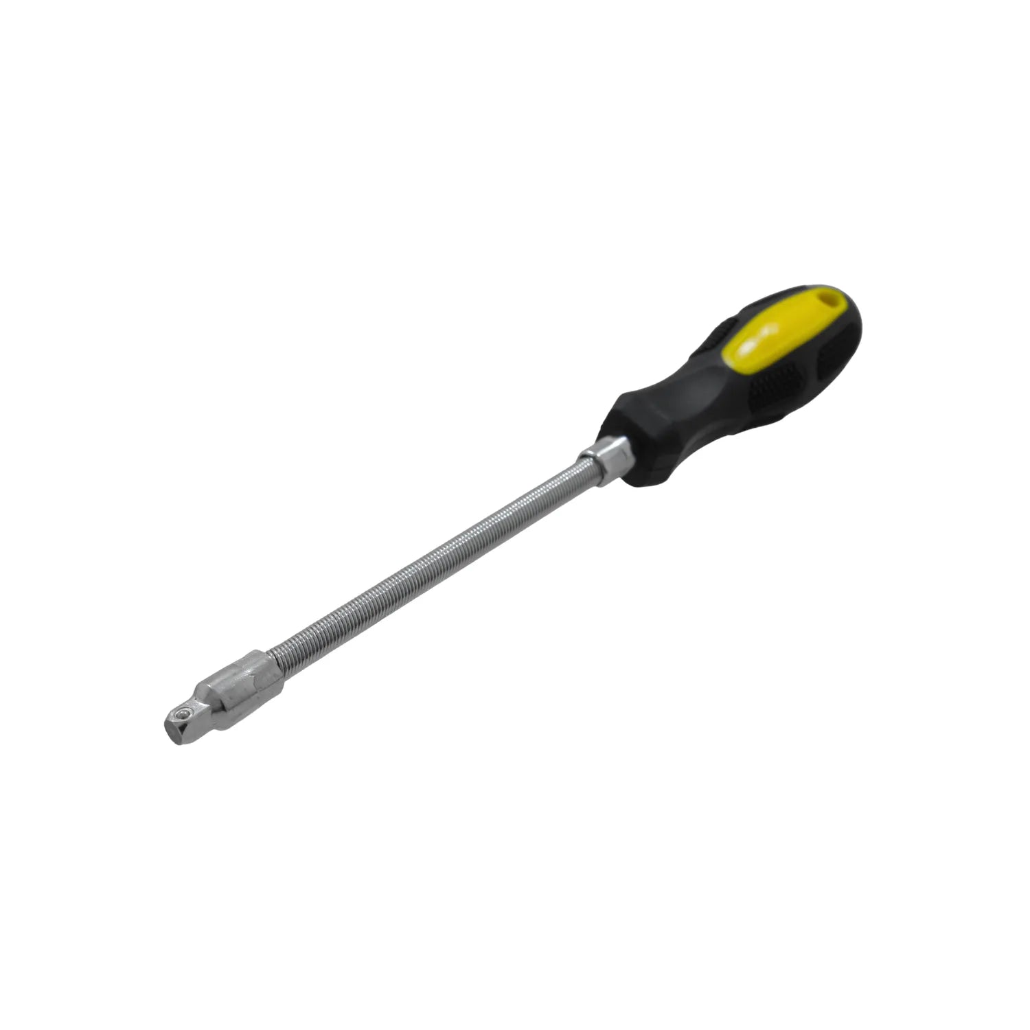 Destornillador con extensión flexible de 1/4 pulgada y mango ergonómico negro y amarillo para zonas de difícil acceso.