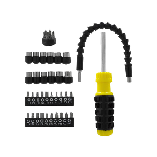 Kit de destornillador con extensión flexible puntas y dados mango ergonómico amarillo para lugares de difícil acceso.
