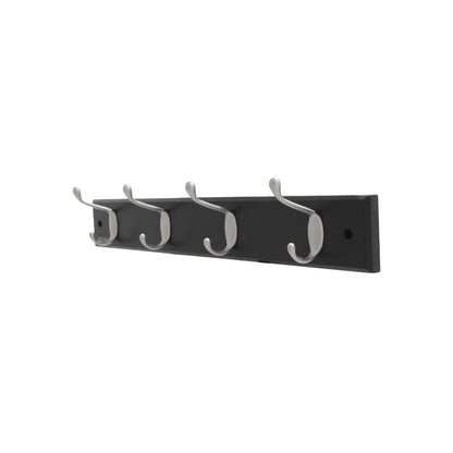 Perchero de pared con 4 ganchos dobles metálicos plateados y base negra para organizar ropa y accesorios.