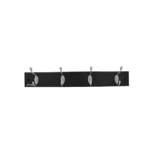 Perchero de pared Adir negro con 4 ganchos dobles de metal satinado para organización de hogar y oficina.