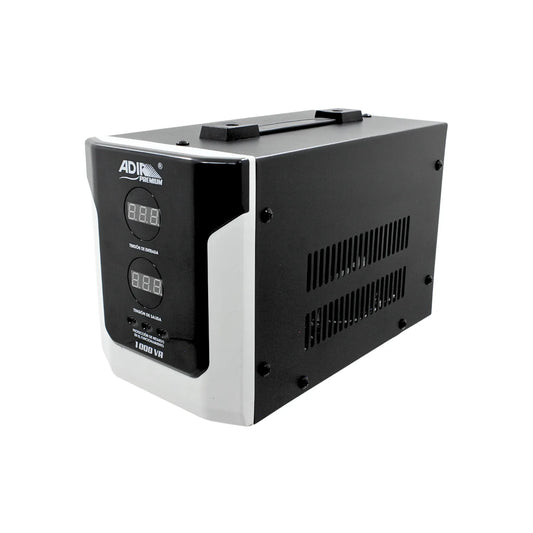 Regulador de voltaje ADIK Premium 1000 VA con doble pantalla digital para tensión de entrada y salida.
