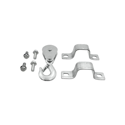 Kit de polea con gancho de seguridad, soportes de acero galvanizado y pernos hexagonales para sistemas de elevación.