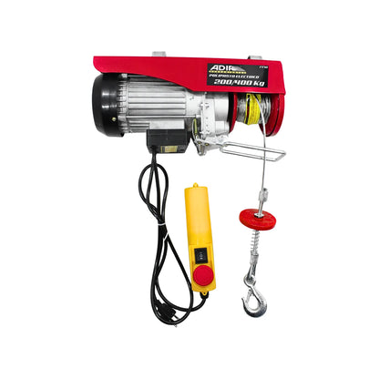 Polipasto eléctrico ADIR 200/400 Kg con control de mando amarillo y gancho de acero para elevación industrial.