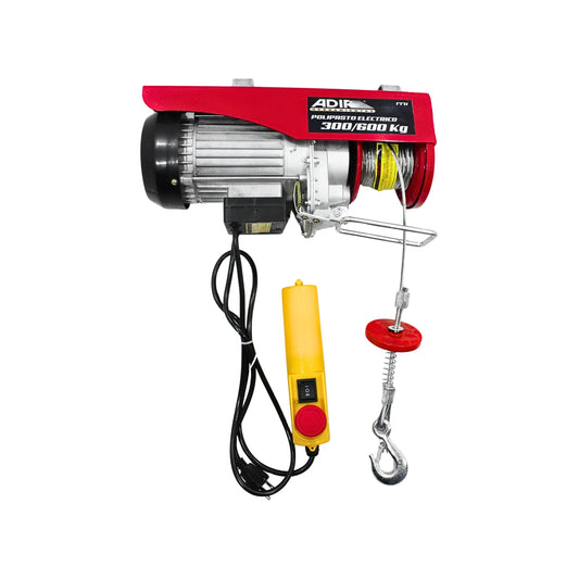 Polipasto eléctrico ADIR de 300/600 kg con motor de aluminio, cable de acero y control remoto para carga y elevación.