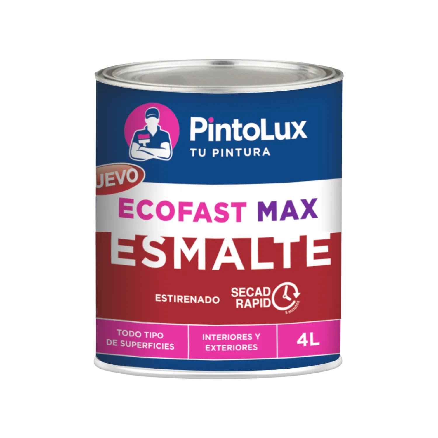 Pintura esmalte rojo PintoLux EcoFast Max 4L. Secado rápido en 5 min, para interiores, exteriores y multisuperficies.