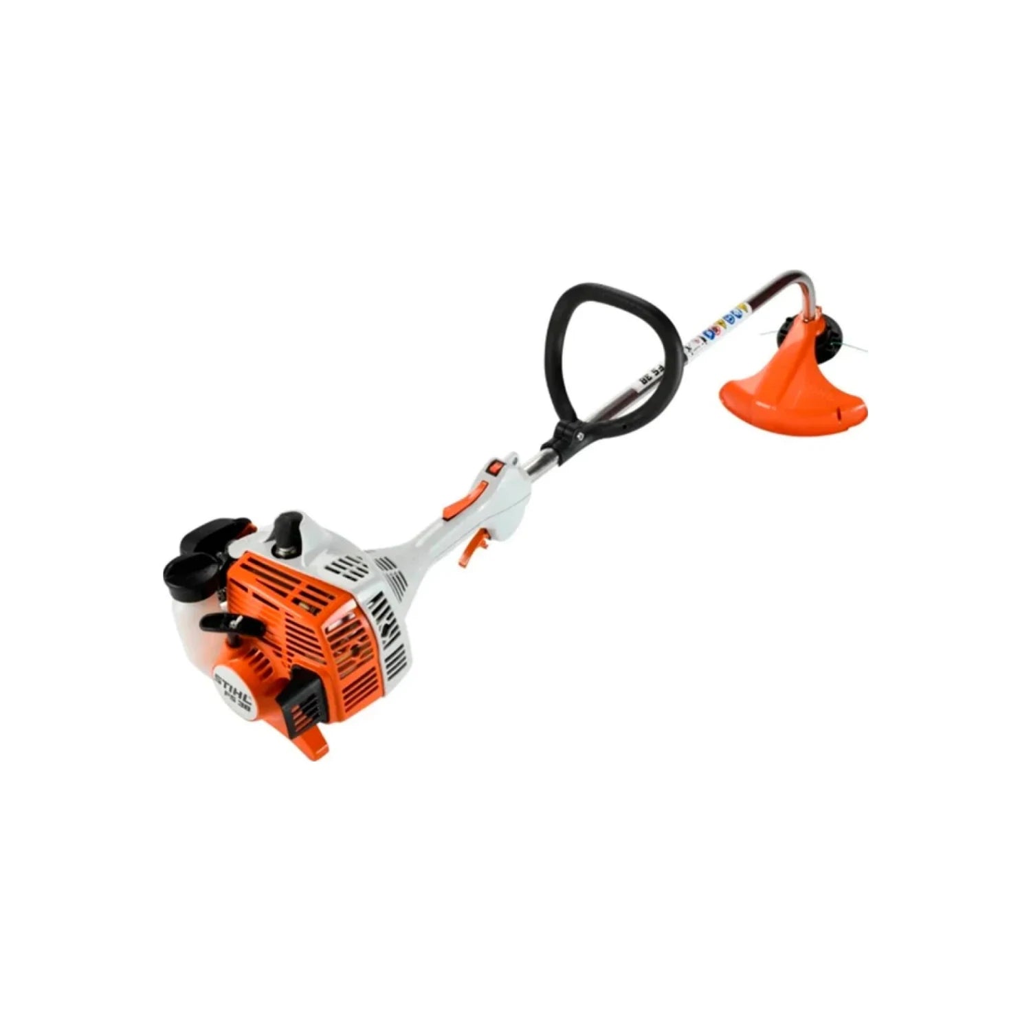 Desbrozadora de gasolina Stihl FS38, blanco y naranja, con mango loop para recortar césped y maleza.