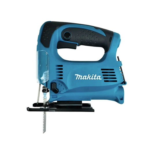 Sierra caladora orbital Makita azul con mango ergonómico y ajuste de velocidad para cortes precisos en madera y metal